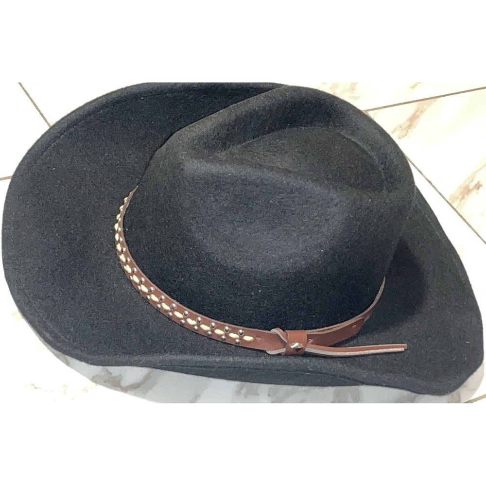 House of Harlow 1960 Black Wool Western Hat Studded Leather Band Fedora - Picture 10 of 10
